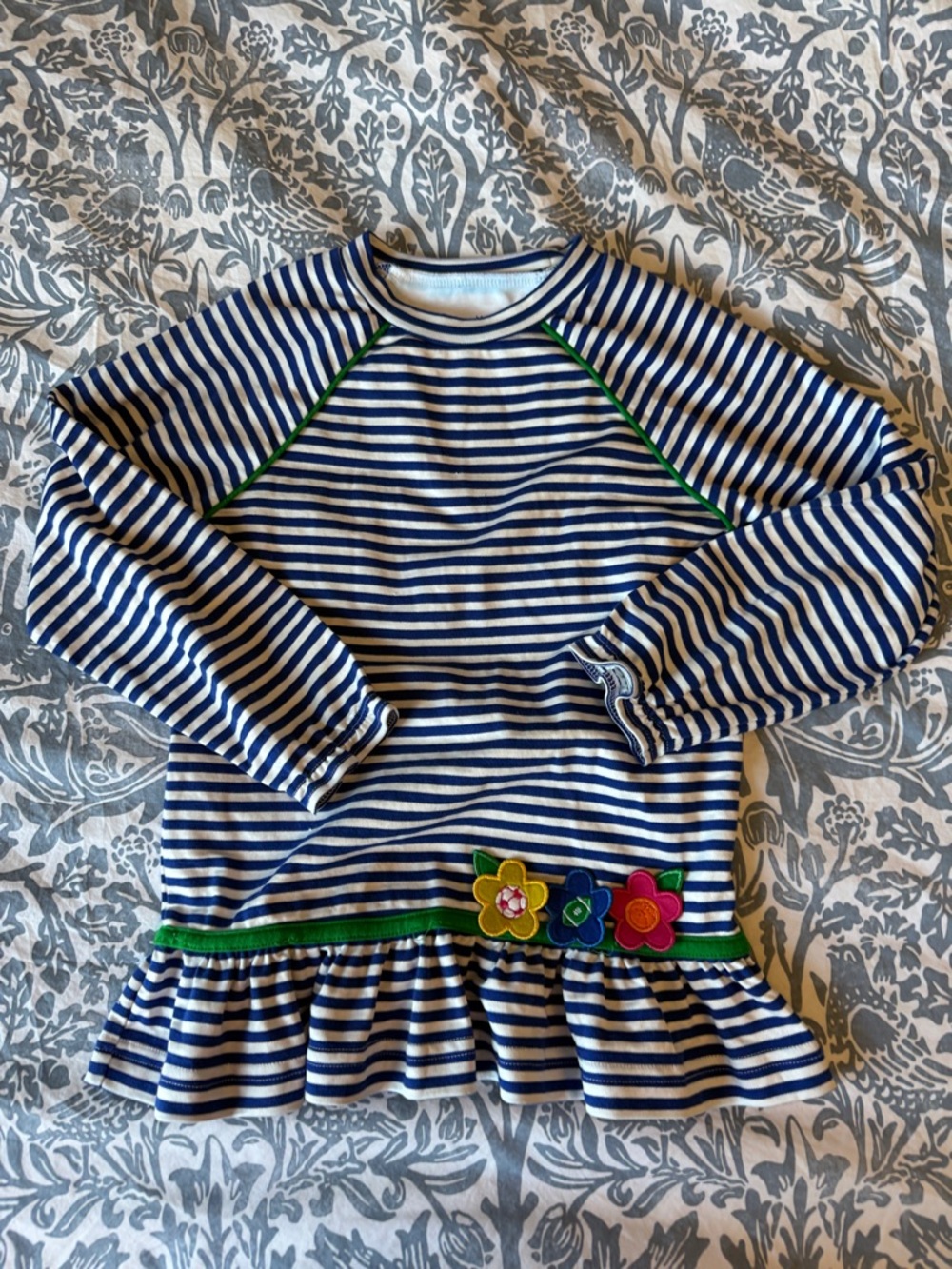 Florence Eisman Navy & White Striped Ruffle Hem Top with Floral Sports Appliqués